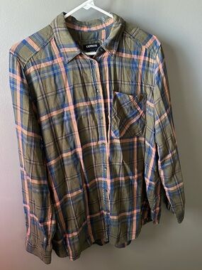 Express Olive Plaid Button-Up Shirt with Pink and Blue Stripes